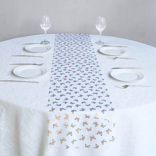 5 Pack Sheer Organza 11"x108" Table Runner Rolls White Disposable with Metallic Gold Foil Butterflies Motifs